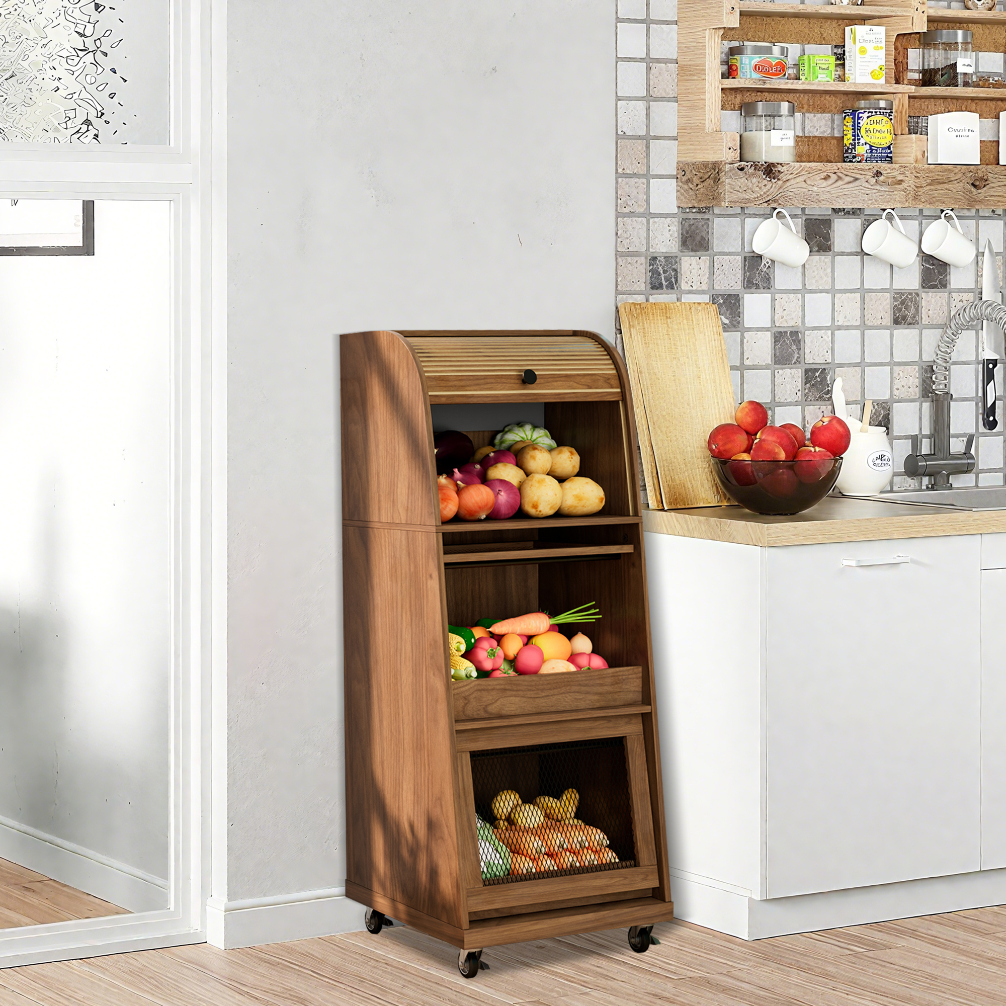 Onion and Potato Storage Bin Box, Movable Potato Bins with Sliding Door, Farmhouse Kitchen Pantry Cabinet