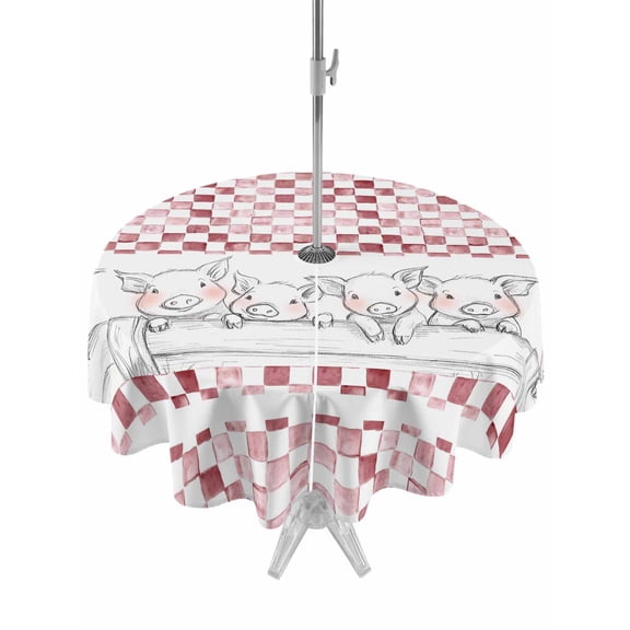 Outdoor Tablecloth with Umbrella Hole for Patio/Picnic/Party/Camping, Red Plaid Farmhouse Waterproof Table Cloth Round Cover Washable, Watercolor Cute Country Pigs Checkered (Dia 54")