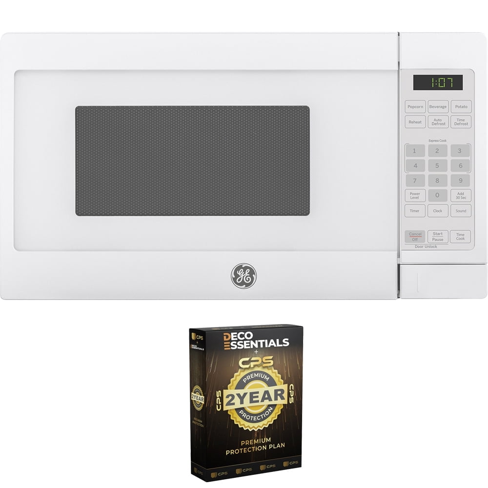 GE 0.7 Cu. Ft. 700-watt Countertop Microwave Oven, White Bundle with Deco Essentials CPS Premium 2 Year Extended Protection Plan