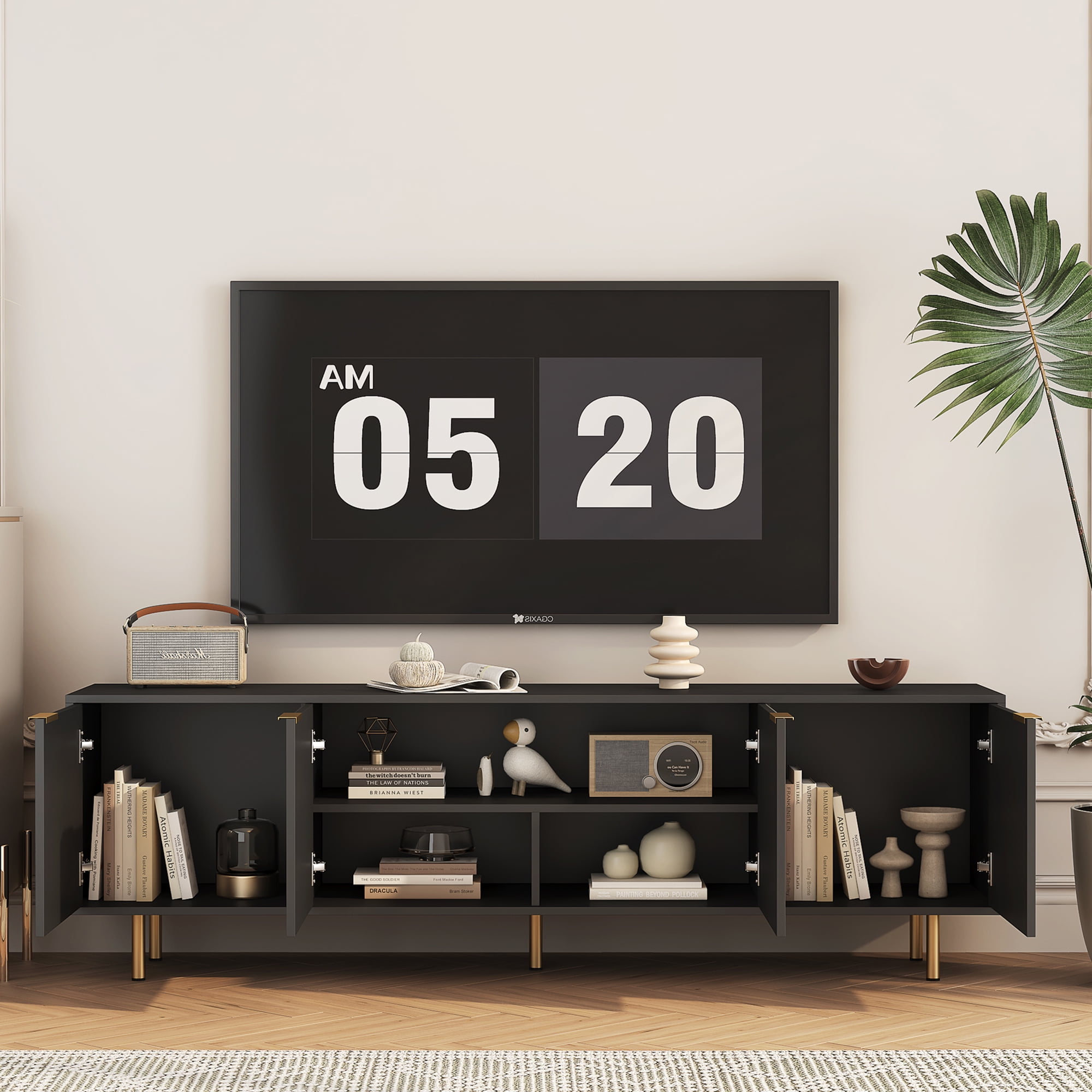 HIUU Black Modern Fluted TV Stands for Living Room, Entertainment Center with 4 Doors Cabinet Storage,Console Table Metal Adjustable Legs for 65''TV