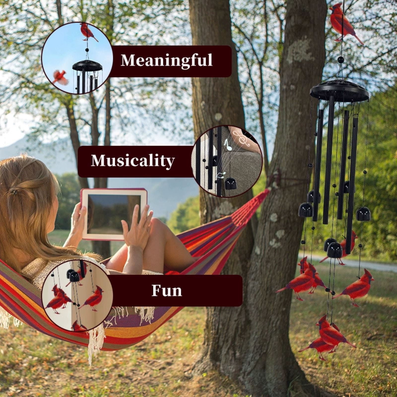 Votnto Cardinal Bird Metal Wind Chime, 33.7" Red Bird Ornament with Soothing Tones for Garden & Home Decor