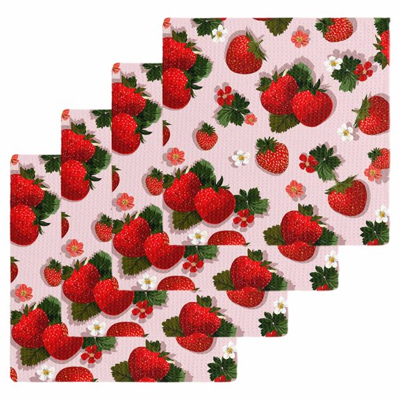 Pink Strawberry Kitchen Dish Towels for Drying Dishes Set of 4, Spring Floral Watercolor Summer Botanical Waffle Weave Microfiber Hand Tea Bathroom Towels Quick Dry & Absorbent Towel 12x12