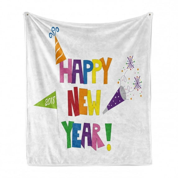 Happy New Year Soft Flannel Fleece Throw Blanket, Bubbly Square Font Illustration with Party Items Hats and Elements, Cozy Plush for Indoor and Outdoor Use, 60" x 80", Multicolor, by Ambesonne