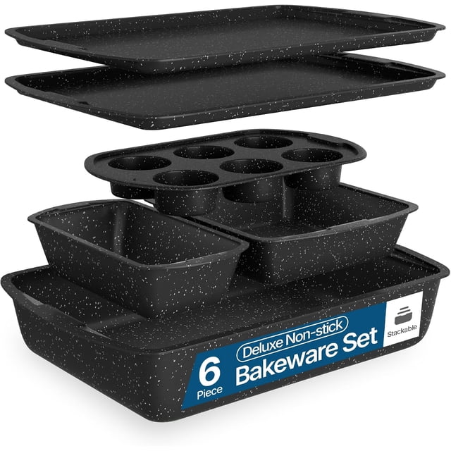 - Bakeware Set – 6 Piece – Stackable, Deluxe, Non-Stick Baking Pans for Professional and Home Cooking – Carbon Steel, White Stone Coating