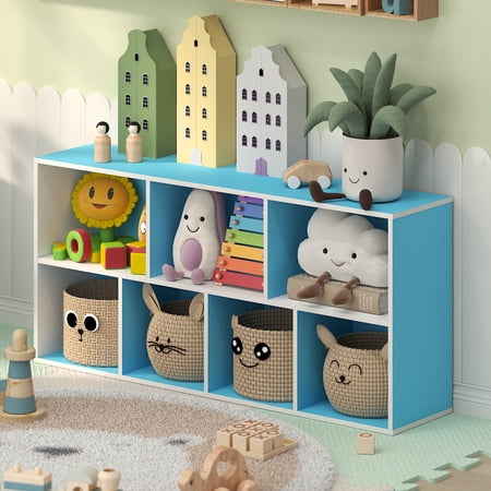 Furinno LUDER 7-Cube Blue Cube Storage Organizer. Bookcase. White/Light Blue