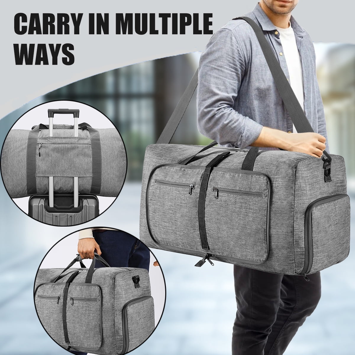 XUEYU 24" Large Travel Duffle Bag for Men, 65L Foldable Travel Duffel Bag with Shoes Compartment, Overnight Bag for Men Women Waterproof, Travel Bag for Traveling Camping Touring, Gray