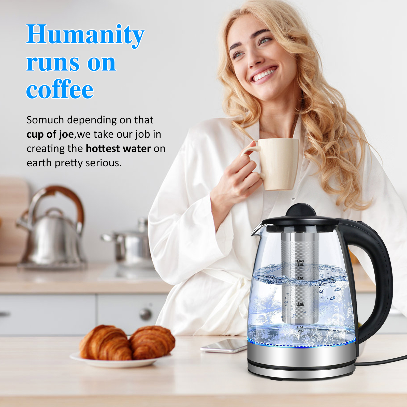 TINANA Electric Glass Tea Kettle with Infuser, 2L, 1500W photo 2