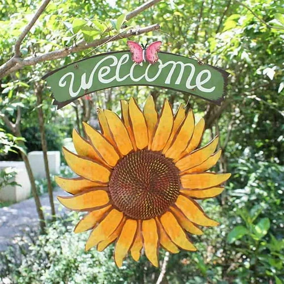 Garden Welcome Signs Metal Hanging Decorative Sunflower Outside Hand-Painted Welcome Plaque for Front Door