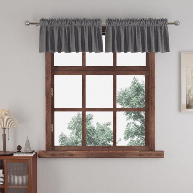 shiyou-Grey Small Tiers 2 Pack Faux Linen Textured Kitchen Short Small Mini Window Curtains Valance 16 inches Length Privacy Home Decor Classic Cafe Basement Living Room/Bedroom 34W by 16L Rod Pocket