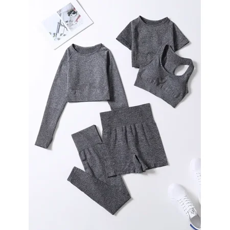 

Yishow-B 5pcs Seamless Quick-drying Yoga Suits Racer Back Sports Bra & Short Sleeve Tank Top & Thumb Hole Shirt & High Waist Leggings & Sexy Biker Shorts Sets Women‘s Activewear