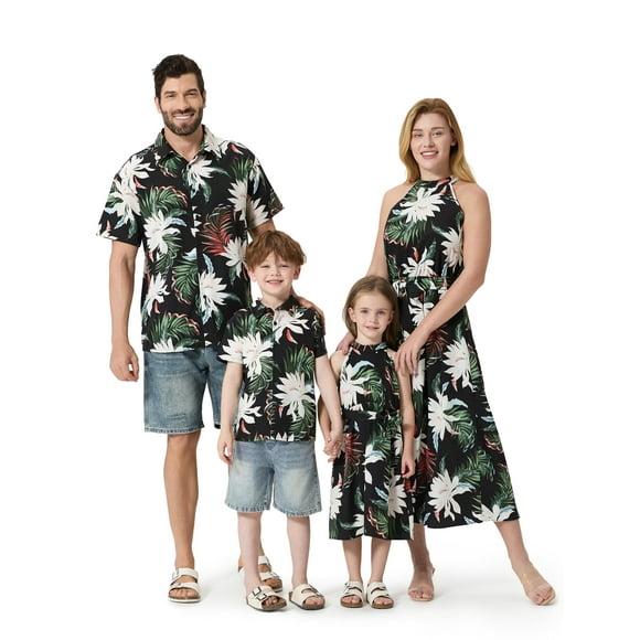 Conjunto de vestido hawaiano familiar a juego Patpat Black Flower Girl