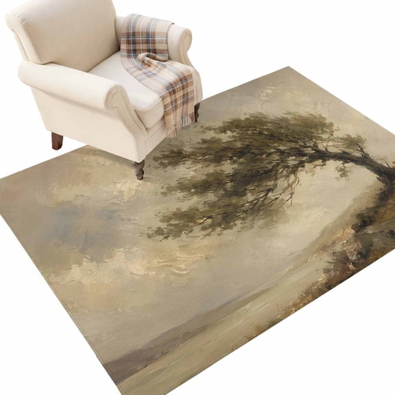 Tree Landscape Washable Area Rug 3 x 5 ft Country Vintage Coastal Grey Beige Sky Green Leaf Soft Non‑Slip Rugs Stain Repellent Indoor Mats for Entry Foyer, Apartment Living Corner Dining Nook