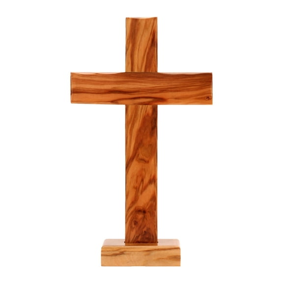 Handcrafted Olive Wood Cross from Bethlehem, Wall Hanging or Tabletop Display, 10.25" Tall with Stand and Mounting Hardware