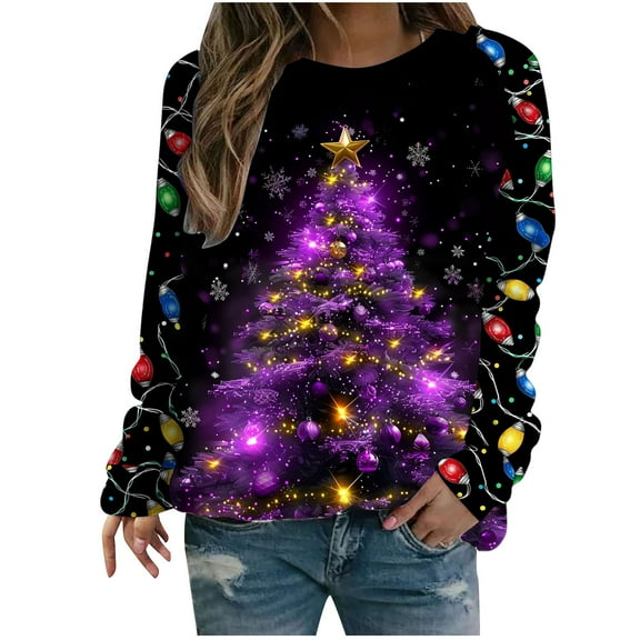 Christmas Sweatshirt for Women Lights Up Christmas Tree Shirts Casual Crew Neck Sweatshirt Long Sleeve Loose Pullover Holiday Party Outfits for Women