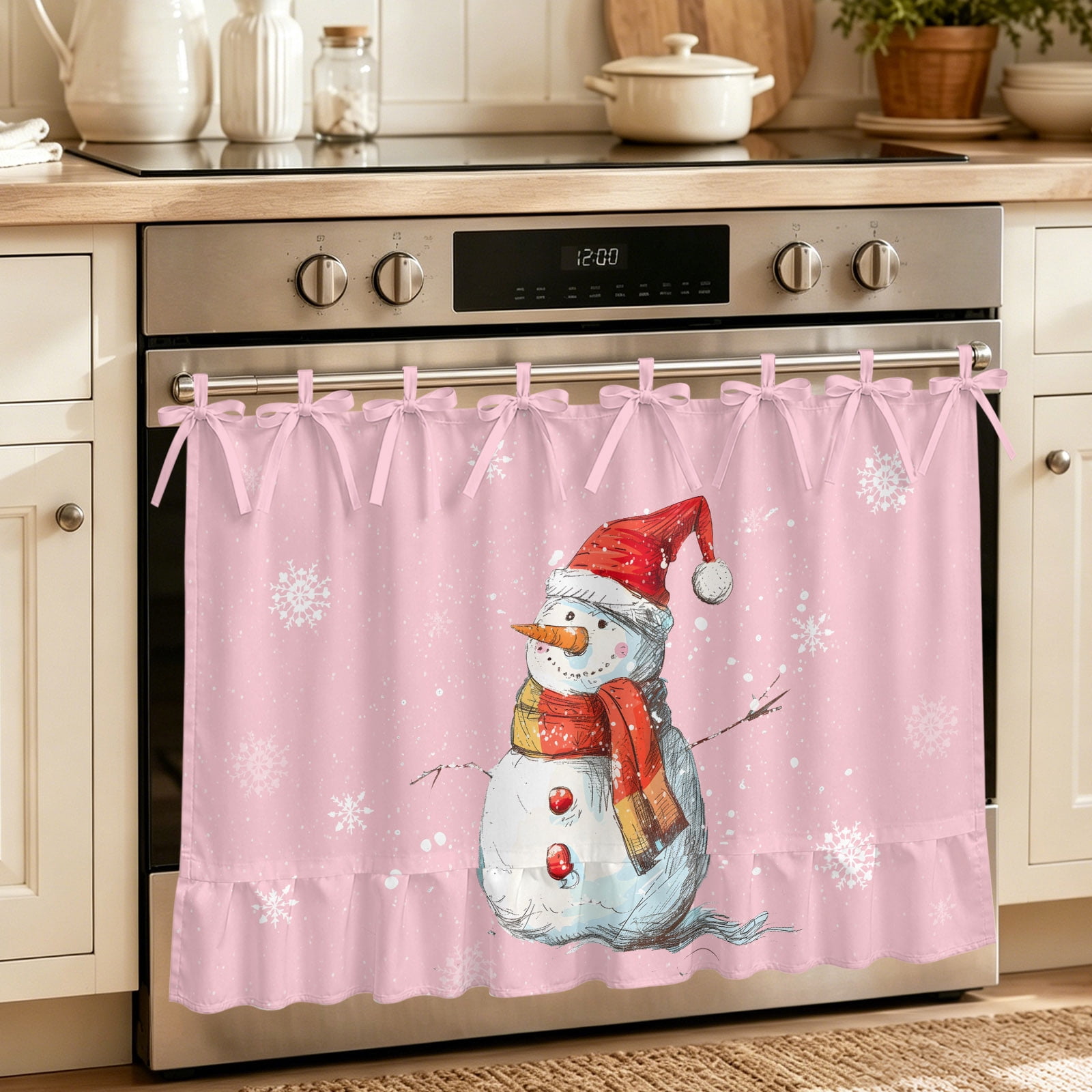 Oven Curtain for Kitchen Christmas Snowman on Pink Stove Curtain With Ruffled Trim Dishwasher Curtains Snowflakes Xmas Hat Scarf Oven Skirt 27 x20