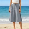 thumbnail image 3 of Wide Leg Capri Pants for Women High Waisted Drawstring Linen Palazzo Pants Pleated Loose Flowy Culottes with Pockets, S, 3 of 10