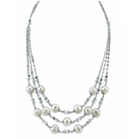 - 9mm Triple Strand White Freshwater Cultured Pearl & Crystal Necklace