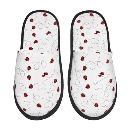 Balery Ladybugs Flying On Dotted Route Slient Indoor Furry Fleece Comfort House Shoes Soft Non-Slip Home Shoes Cotton slippers House Slippers-- Large