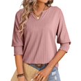 thumbnail image 3 of T-Shirts d'Été Décontractés Tendance pour Femmes - Manches 3/4, Texturé Uni, Design Col en V, 3 of 7
