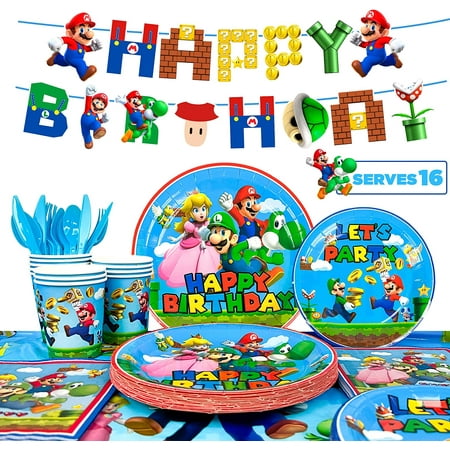 Super Mario Birthday Party Supplies-128pcs Super Mario Tableware Party Supplies Include Mario Party Plates and Napkins Cups Tablecloth&Banner for Boys/Girls Kids Mario Theme Birthday Party Decorations