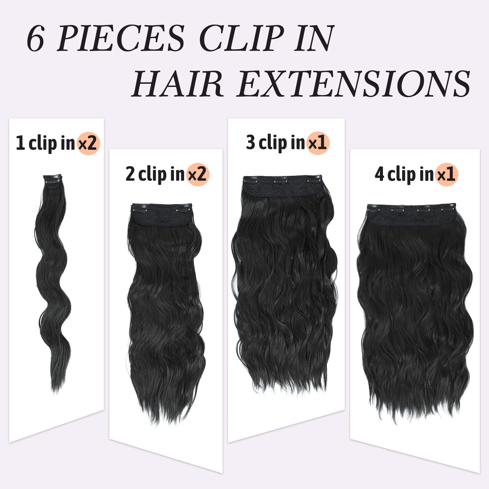Xtrend Clip-in Haarverlängerungen – 20 Zoll Gewellt, Synthetisch, 4-teiliges Set, Farbe 1B (schwarz)