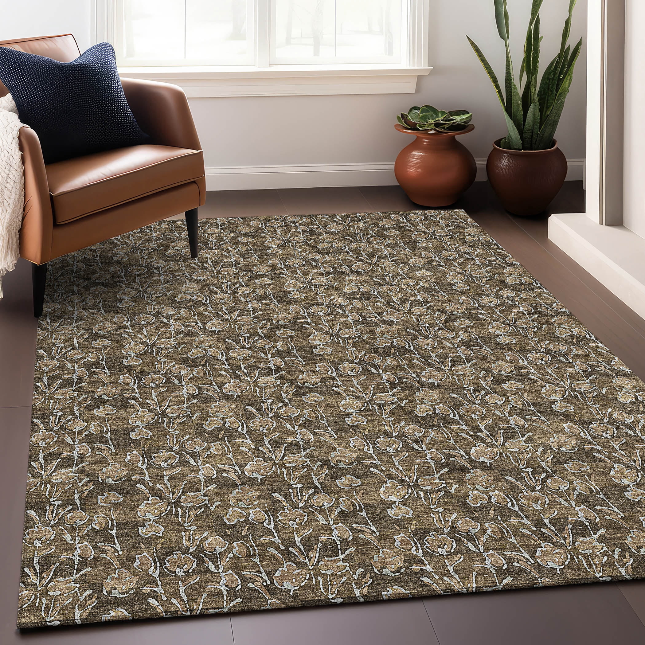 Addison Rugs Mayfield Washable Transitional Floral Brown Rectangle Rug, 10' x 14'
