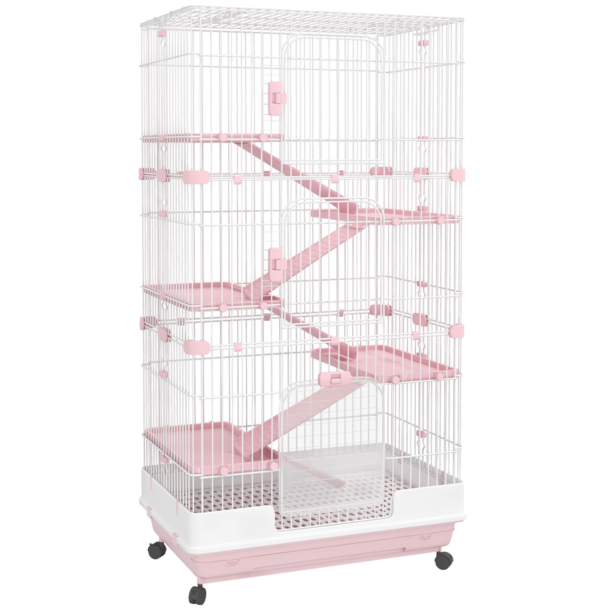 32" Small Animal Cage with Wheels 6 Level Rabbit Hutch for Chinchillas Ferrets Bunny with Lockable Casters Removable Tray Pink Pet Enclosure