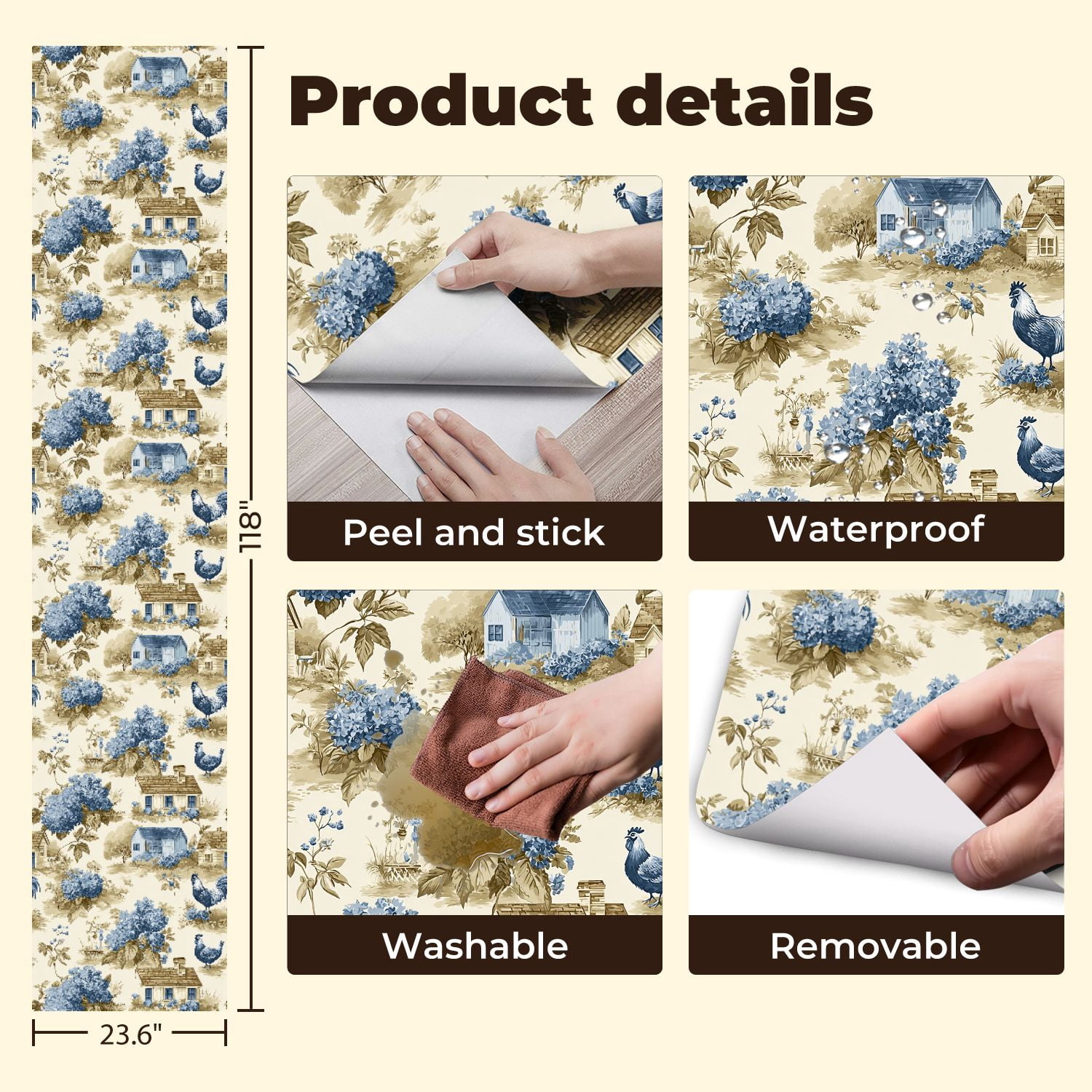 Peel and Stick Wallpaper Blue Hydrangea Farmhouse Toile Roosters Country Cottages Wall Mural 23.6in x 9.8ft Self Adhesive Removable Wall Paper Renter Friendly Wallpaper for Nursery Bedroom Cabinets