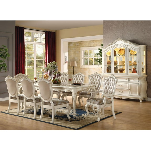 Marble and Pearl White Dining Room Set 9 Pcs Acme Furniture 63540 Chantelle