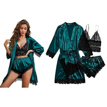 Ciana Women s 4 Piece Lace Satin Pajama Lingerie Set w/Bra  Panties  Robe  Shorts (Emerald Green  XXL)