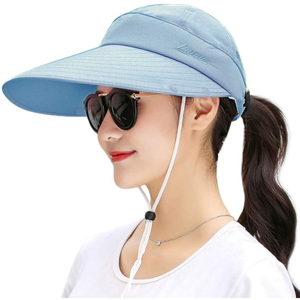 Mikewe Women Sun Wide Brim Uv Protection Fishing Hats Foldable Ponytail Summer Hat With Detachable Flap-Blue Blue