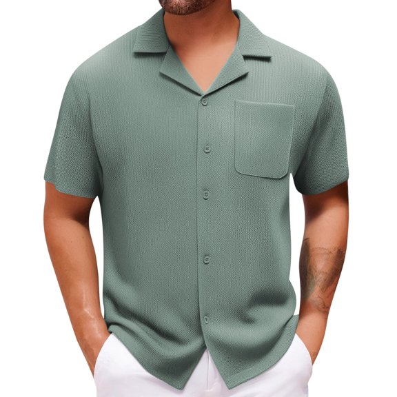LEKWK Mens Short Sleeve Shirts Textured Knit Camp Collar Beach Shirts Breathable Button Down Vacation Shirts Lightweight Soft Chest Pocket Summer Trip