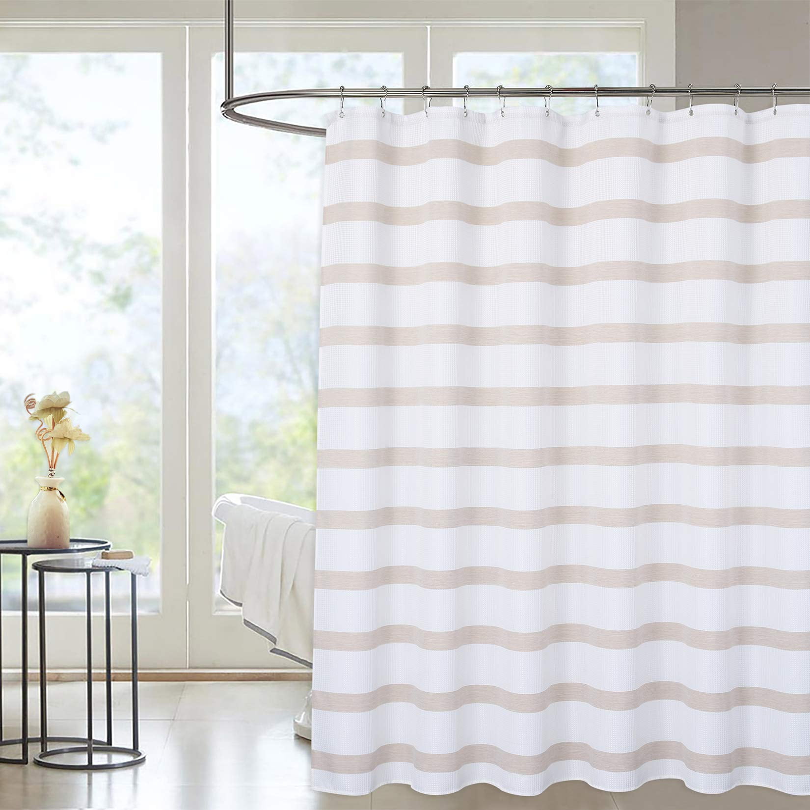 Shower Curtain with Yarn Dyed Striped Pattern Grey and White Waffle
