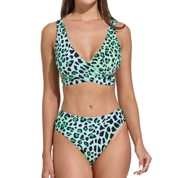 Women's Scoop Neck Tropical High Waist Bikini Swimsuit with Front Tie, Green