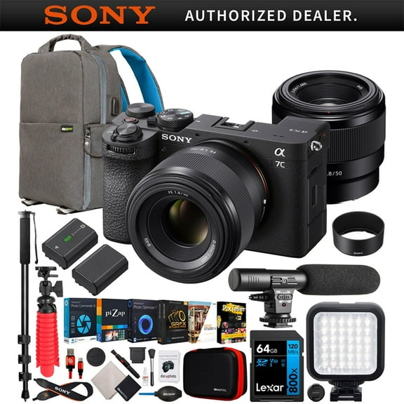 Sony a7C II Full Frame Mirrorless Camera Body   50mm F1.8 Lens ILCE-7CM2/B Black   SEL50F18F Bundle with Deco Gear Backpack   Extra Battery   Microphone   LED   Monopod| Official Sony USA Dealer