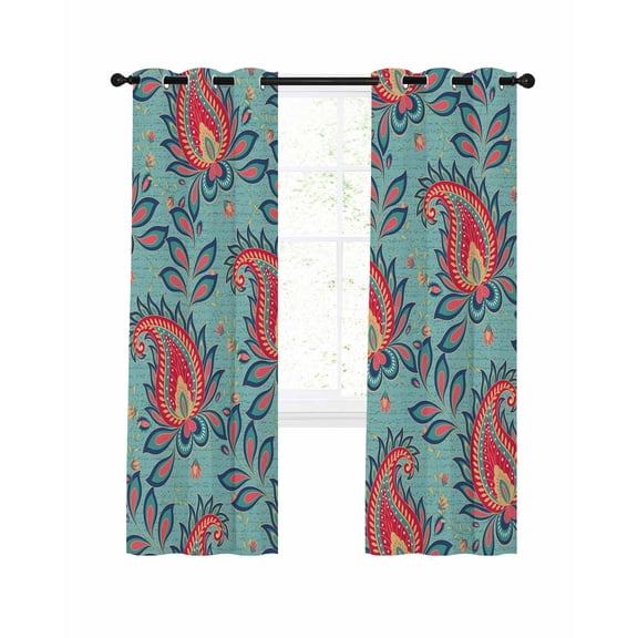 Red Teal Boho Botanical Blackout Curtains, Light Blocking Print Window Curtains, Southwestern Retro Ethnic Tribal Thermal Insulated Window Drapes for Living Room 2 Panels, 104"W x 63"L
