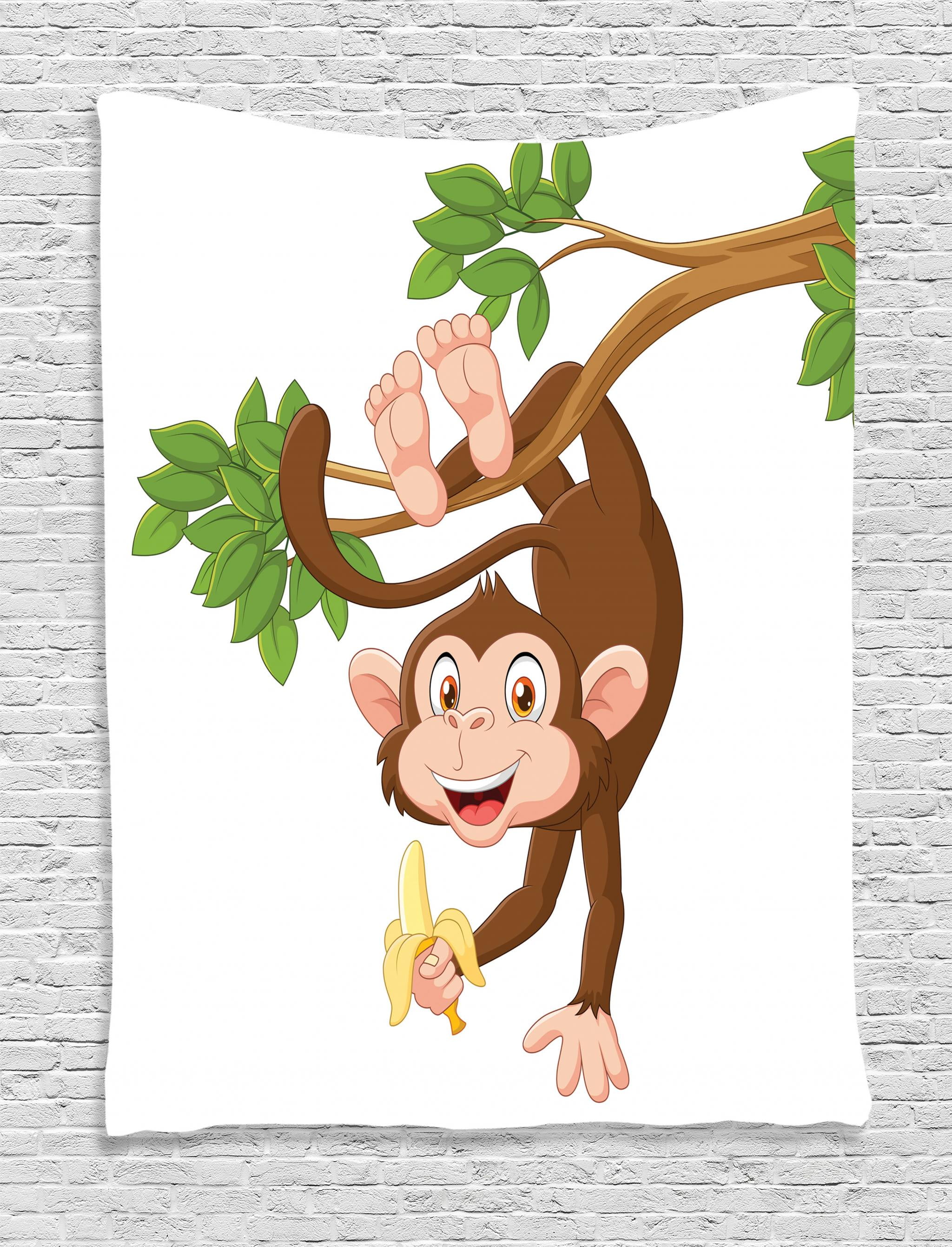 Cartoon Tapestry, Funny Monkey Hanging from Tree and Holding Banana