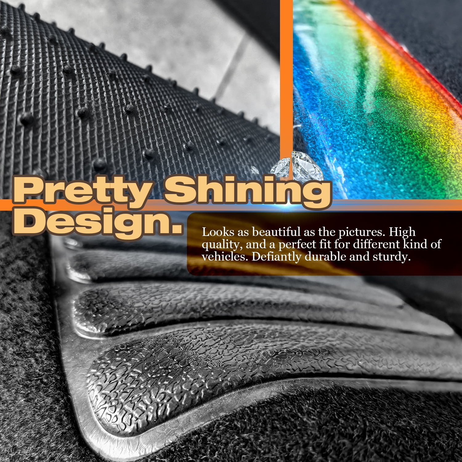 4 Pcs Bling Car Floor Mats with Holographic Rainbow Crystal, Universal Fit Carpet Liners for Women Girls, Non-Slip Waterproof (Black + Holographic Rainbow Crystal)
