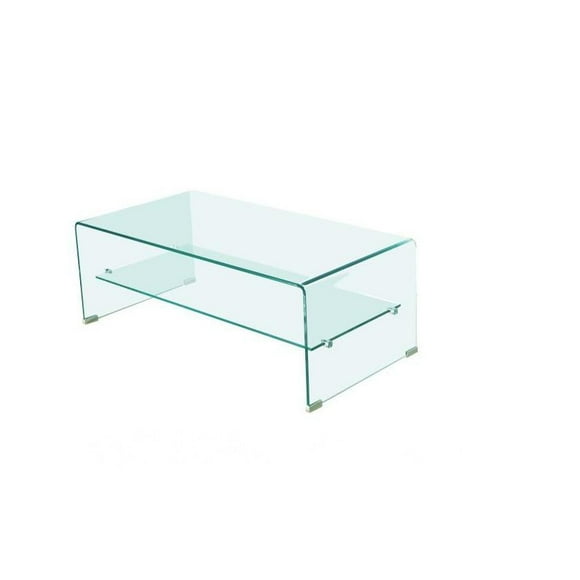 Heavenly Collection Glass Coffee Table with Shelf in Clear, Clear Glass Coffee Table with Shelf, Waterfall Coffee Table with Shelf, Coffee Table with Shelf