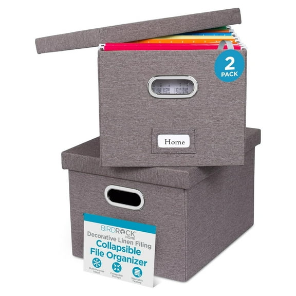 Collapsible File Storage Organizer with Lid - Decorative Linen Filing & Storage Office Box – Hanging Letter/Legal Folder – Home Office Bins Cabinet – Grey Container - 2 Pack 2 count