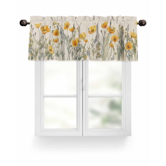 Minimalism Yellow Floral Valances for Windows Watercolor Plants Linen Background Valance Rod Pocket Short Window Treatments Curtains for Kitchen Bathroom Living Room Bedroom, 54 x 18 Inch