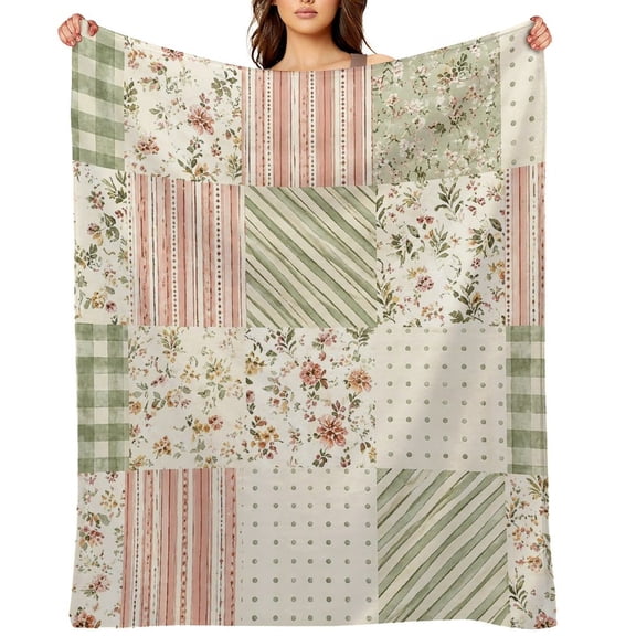 RKSupls Green Pink Patchwork Pattern Soft Flannel Throw Blanket, Lightweight Fuzzy Warm Cozy Blanket for Couch Bed Home Travel Decor