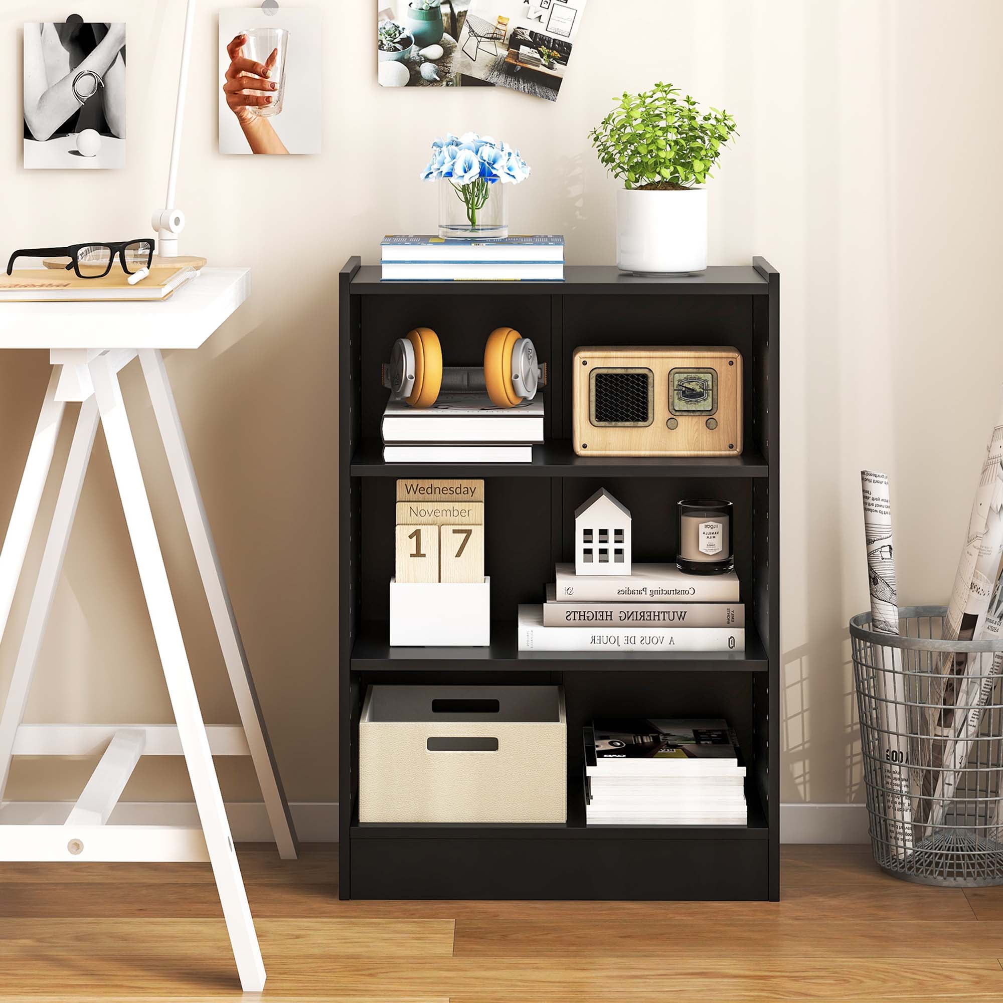 Costway 3-Tier Bookcase Open Multipurpose Display Rack Cabinet with Adjustable Shelves Black