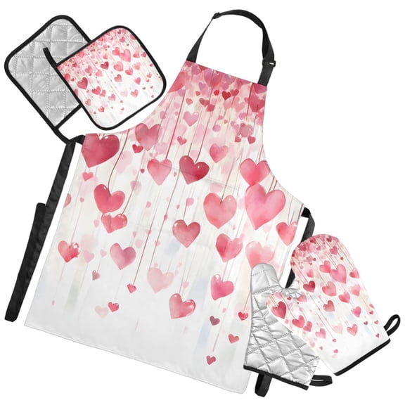 Ryvnso Hearts Kitchen Apron Oven Mitts Set Pot Holders