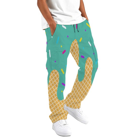 Kids Ice Cream Print Cargo Pants Boys Girls Elastic Waist Drawstring Casual Trousers Lightweight Wide Leg Pocket Pants for Daily Outdoor Streetwear(Multicolour9,9-10 Years)