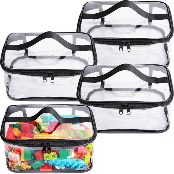 4 Packs Clear Toy Storage Bags, 9.4 x 6.7 x 4.3 inch PVC Waterproof Toy Organizing Bags with Zipper, for Building Blocks, Small Toys (Black)