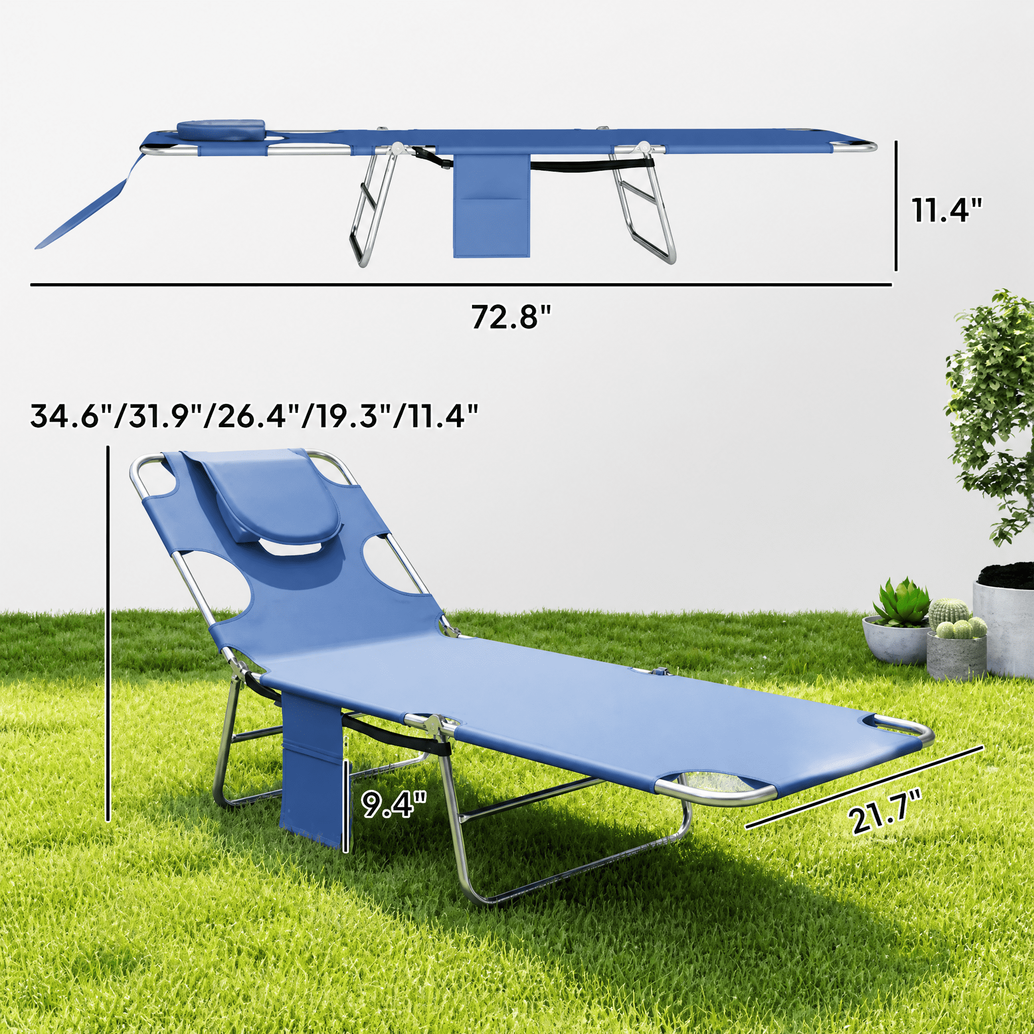 2-Pack Outdoor Folding Sun Lounger Set 5-Position Adjustable Backrest Face Cavity & Arm Slots Gray Portable Beach Lounge Chairs with Carry Strap