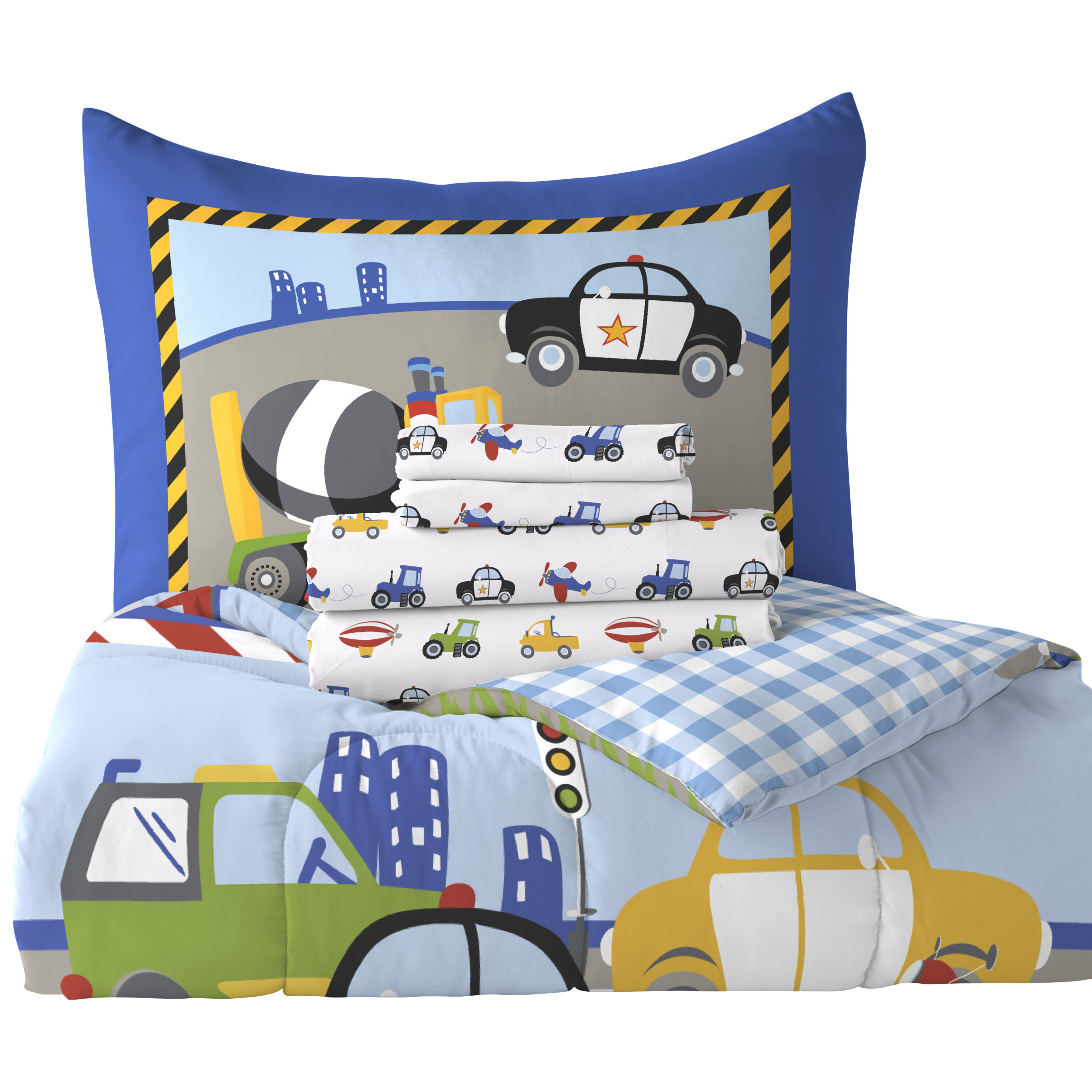 Dream Factory Trains and Truck Pattern Twin 5 Piece Bed-in-a-Bag, Bed-in-a-Bag, Cotton/Polyester, Blue, Multi, Male, Child - image 2 of 6
