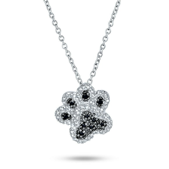 Black White Pave CZ Dog Cat Puppy Kitten BFF Pet Paw Print Pendant Necklace for Women Teen .925 Sterling Silver