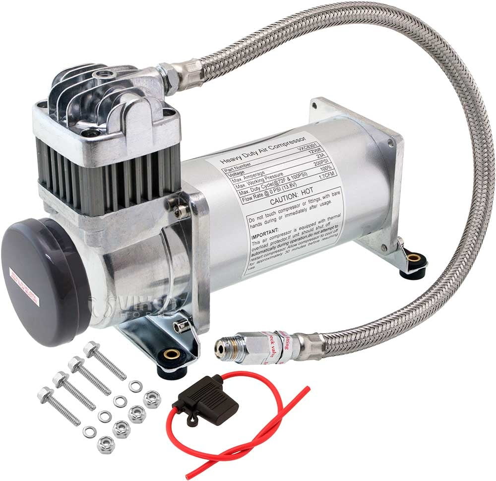 VXC8101DP Vixen Horns 150 PSI Heavy Duty Train Horn/Suspension/Air Ride/Bag Air Compressor/Pump with 1/4 Stainless Steel Braided Hose and 1/4 NPT Check Valve 12V Chrome Dual Pack 